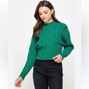 Green Cable Knit Mock Neck Sweater
